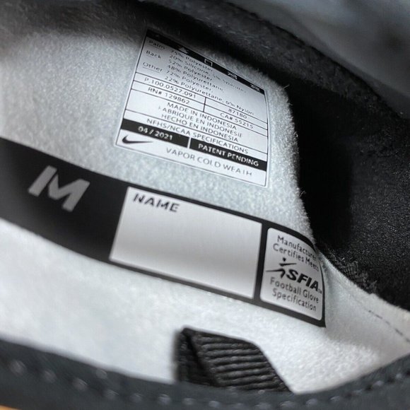 NIKE VAPOR JET 5.0 COLD WEATHER RECIEVER FOOTBALL GLOVES Black White Size Medium - Picture 6 of 6